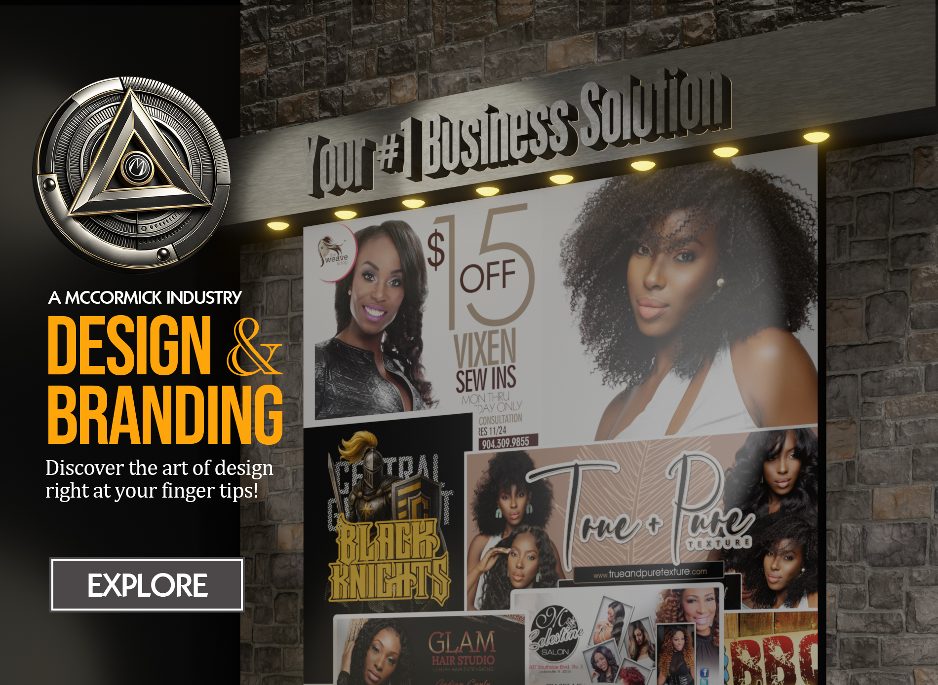 “A McCormick Industry Design & Branding display showcasing professional graphic design and printing projects, including beauty, salon, and fashion advertisements with bold typography, vibrant visuals, and a metallic 3D company logo representing creativity and business solutions.”